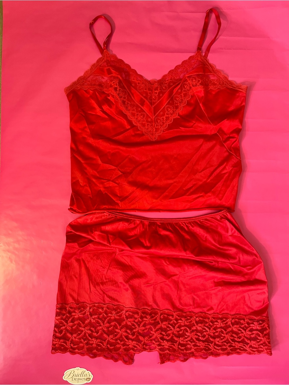 Red Lace Trim Satin Cami and Short Sleep Set - Women's Intimates
